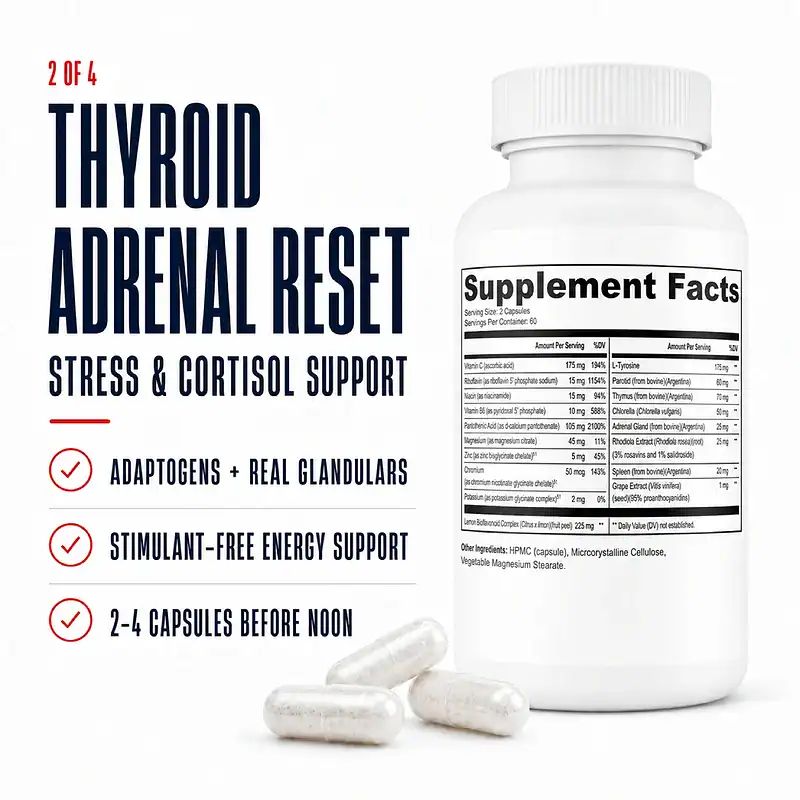 Thyroid Adrenal Reset Complex Supplement Facts with adaptogens, glandulars, and thyroid-safe energy support