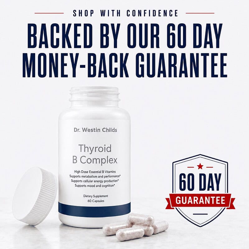Open Thyroid B Complex bottle with capsules and a 60-day money-back guarantee badge.