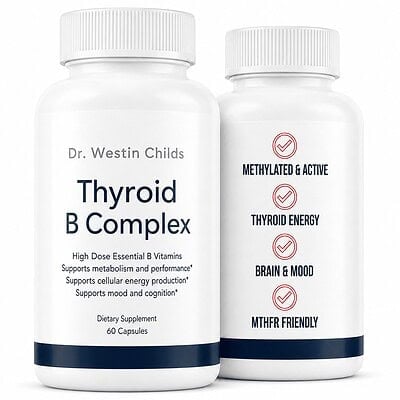 Front and side views of Thyroid B Complex, a 60-capsule pre-methylated B vitamin supplement.