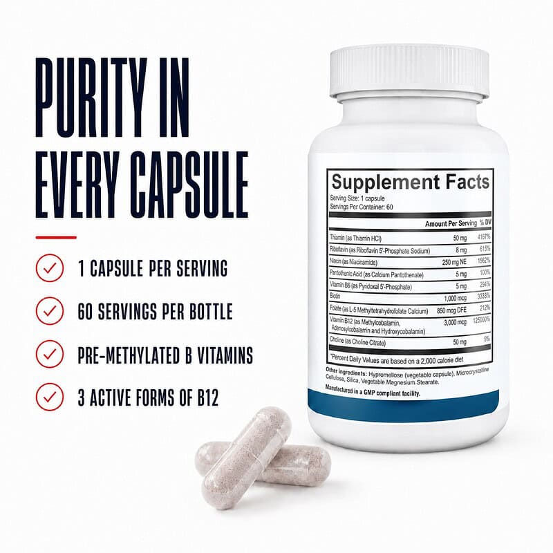 Supplement Facts panel for Thyroid B Complex showing one capsule per serving, 60 servings, active B vitamins, and other ingredients.
