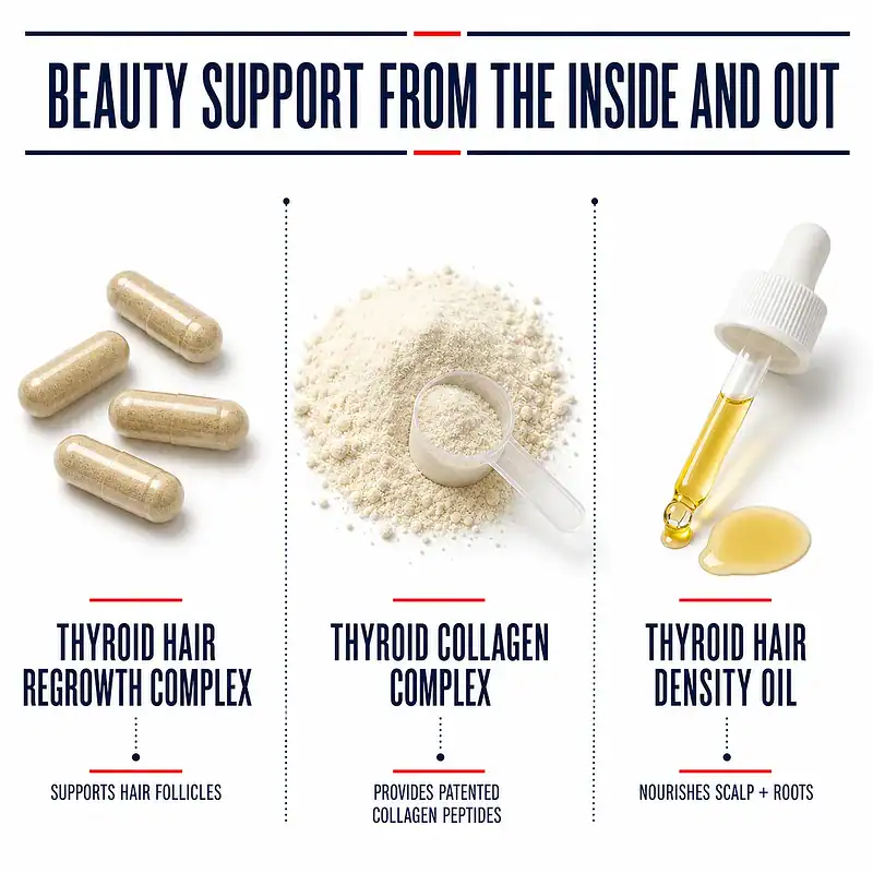 Capsules, collagen powder, and hair oil illustrating internal and topical support in the Hair, Skin & Nails Beauty Stack.