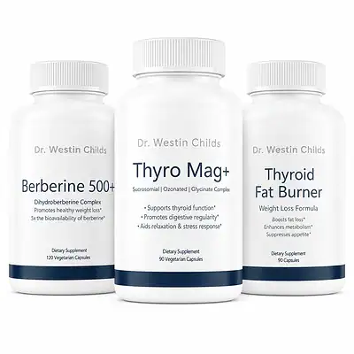 Thyroid Belly & Bloat Bundle with Berberine 500+, Thyro Mag+, and Thyroid Fat Burner bottles.
