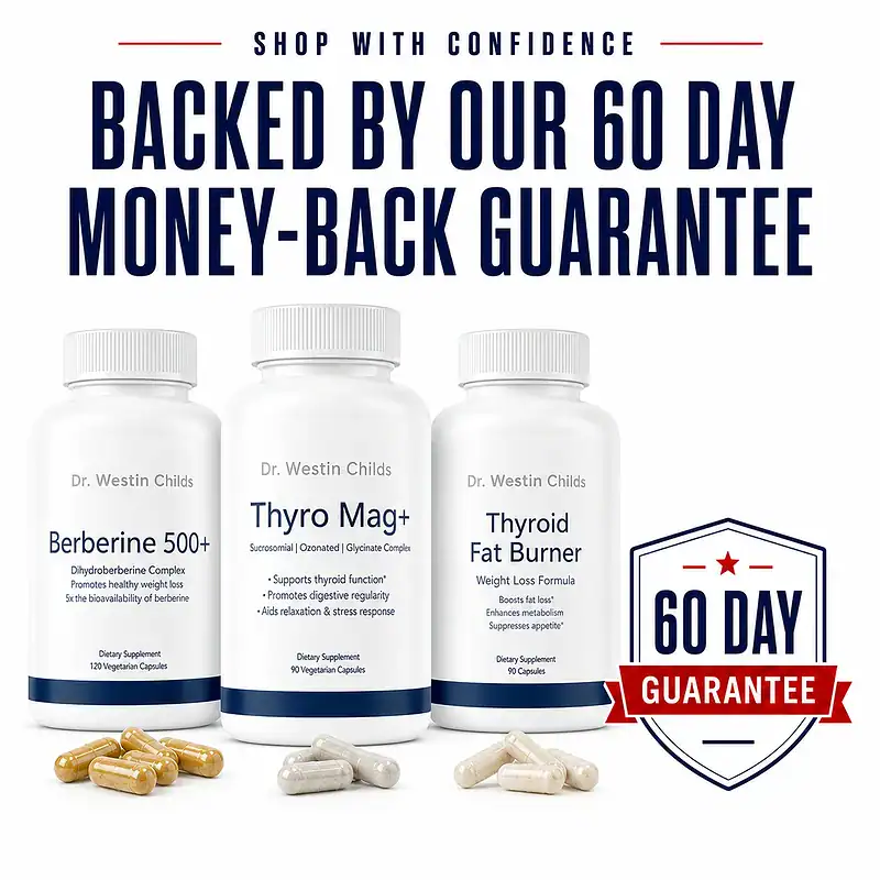Thyroid Belly & Bloat Bundle bottles and capsules beside the 60-day money-back guarantee badge.