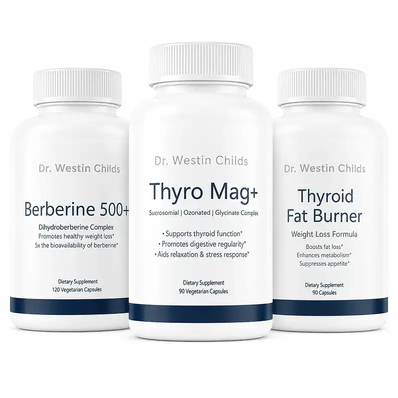 Thyroid Belly & Bloat Bundle with Berberine 500+, Thyro Mag+, and Thyroid Fat Burner bottles.