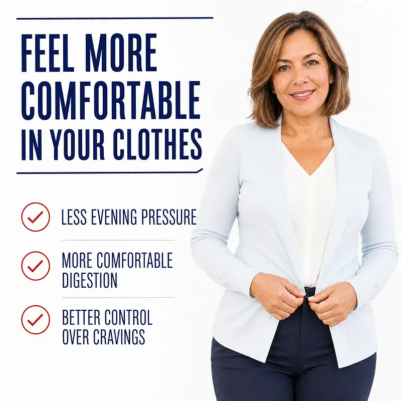 Woman comfortably adjusting her clothing beside digestive comfort, evening pressure, and craving-control benefits.