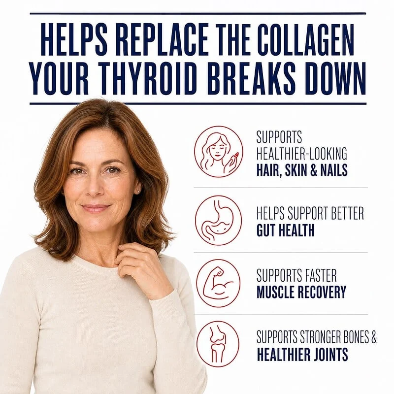 Woman beside Thyroid Collagen Complex benefits for healthier-looking hair, skin and nails, gut health, muscle recovery, bones, and joints.