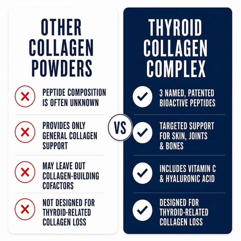 Comparison of other collagen powders with Thyroid Collagen Complex, including three patented peptides, vitamin C, hyaluronic acid, and support designed for thyroid-related collagen loss.