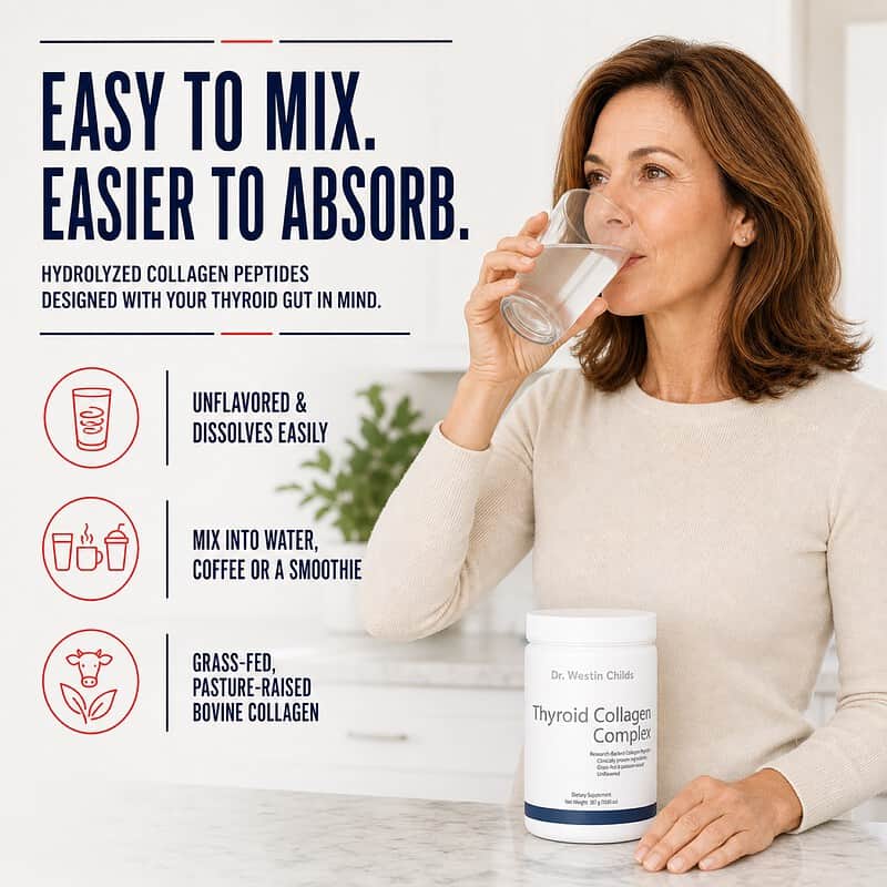 Woman drinking Thyroid Collagen Complex mixed with water, with callouts for easy dissolving, unflavored powder, and grass-fed bovine collagen.
