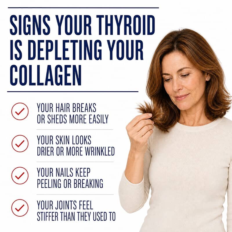 Woman examining dry hair beside signs of thyroid-related collagen loss, including hair shedding, dry skin, brittle nails, and stiff joints.