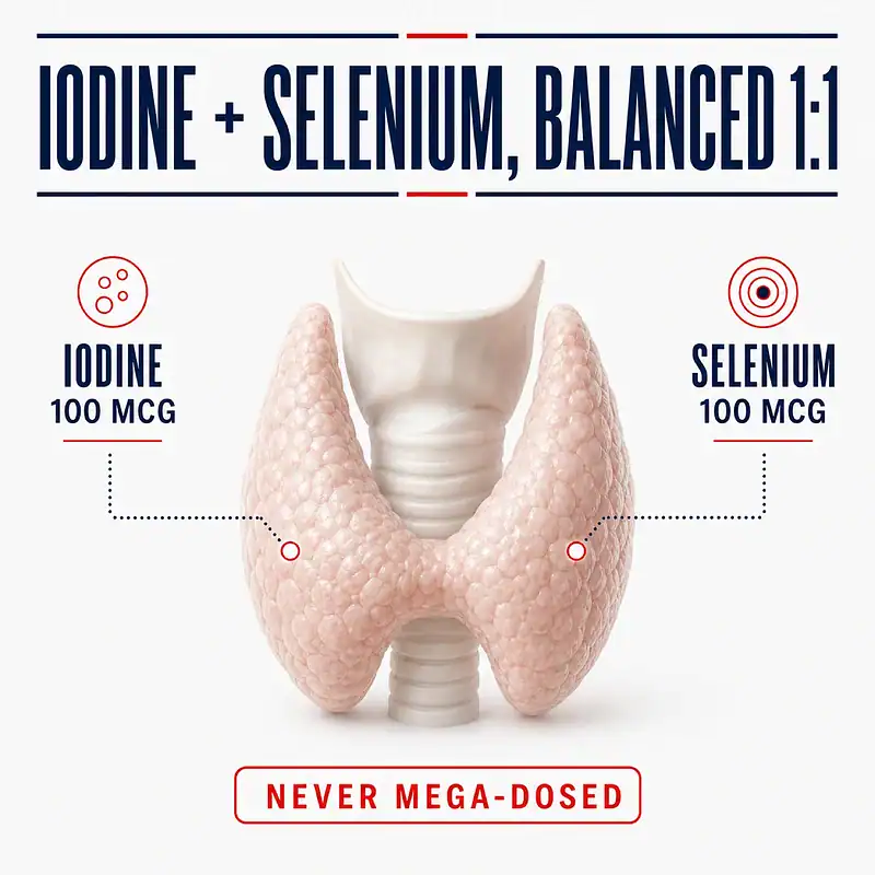 Clinical thyroid graphic showing 100 mcg iodine balanced 1 to 1 with 100 mcg selenium in Thyroid Daily Essentials.