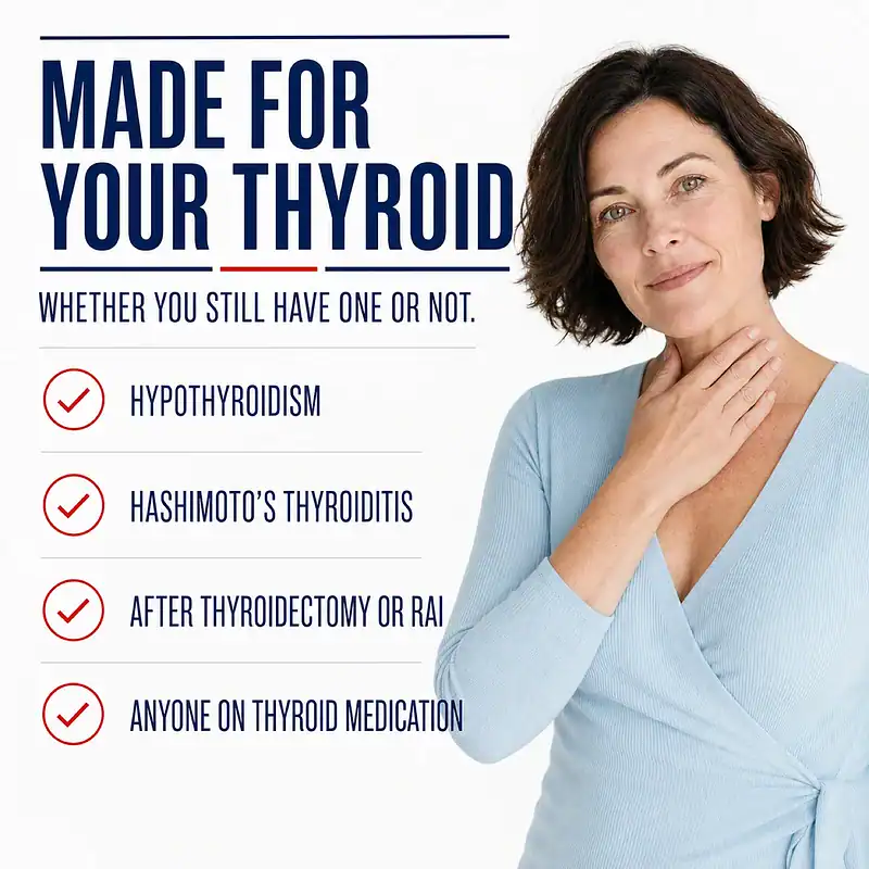 Woman touching her neck beside a list of people Thyroid Daily Essentials is made for, including hypothyroidism, Hashimoto's, thyroidectomy or RAI, and thyroid medication users.