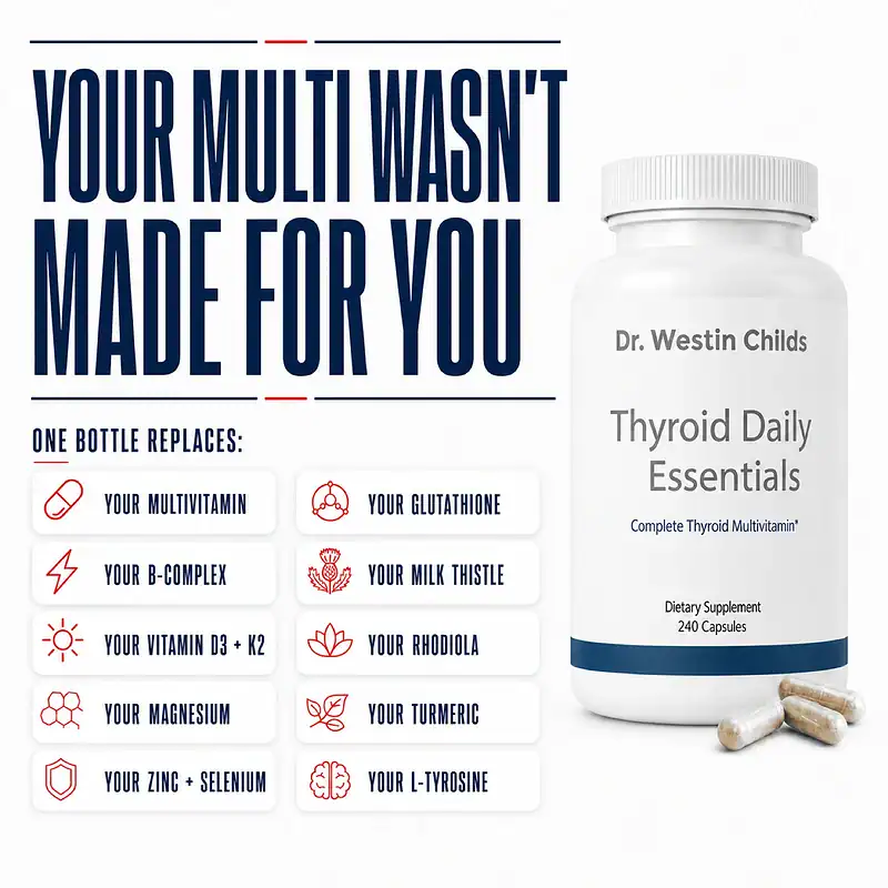 Thyroid Daily Essentials bottle beside a list of the multivitamin, B-complex, minerals, antioxidants, and thyroid-support nutrients it combines.
