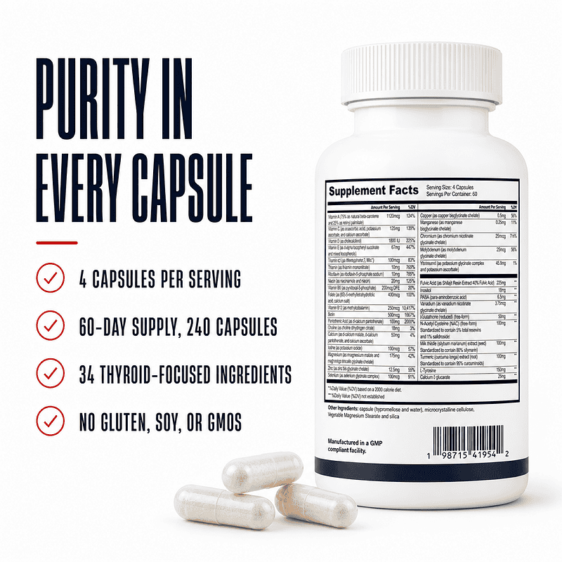 Back of the Thyroid Daily Essentials bottle showing the Supplement Facts panel beside four purity and serving-size callouts and three capsules.