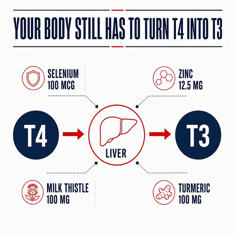 Diagram showing T4 conversion through the liver to T3 with selenium, zinc, milk thistle, and turmeric in Thyroid Daily Essentials.