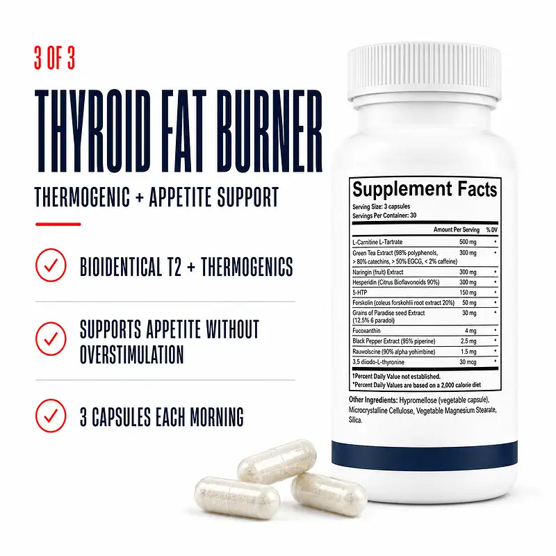 Thyroid Fat Burner Supplement Facts and capsules with bioidentical T2 and thermogenic appetite support.