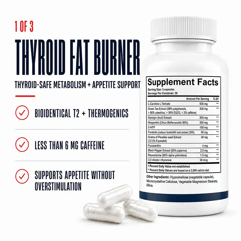 Thyroid Fat Burner Supplement Facts bottle and capsules with T2, thermogenic, low-caffeine, and appetite-support callouts