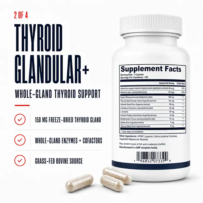 Thyroid Glandular+ Supplement Facts with 150 mg freeze-dried thyroid gland, whole-gland cofactors, and grass-fed bovine sourcing