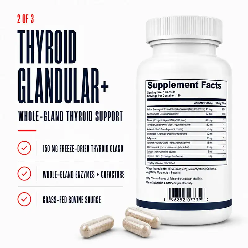 Thyroid Glandular+ Supplement Facts and capsules with thyroid enzymes and cofactors in the Core Thyroid Trio