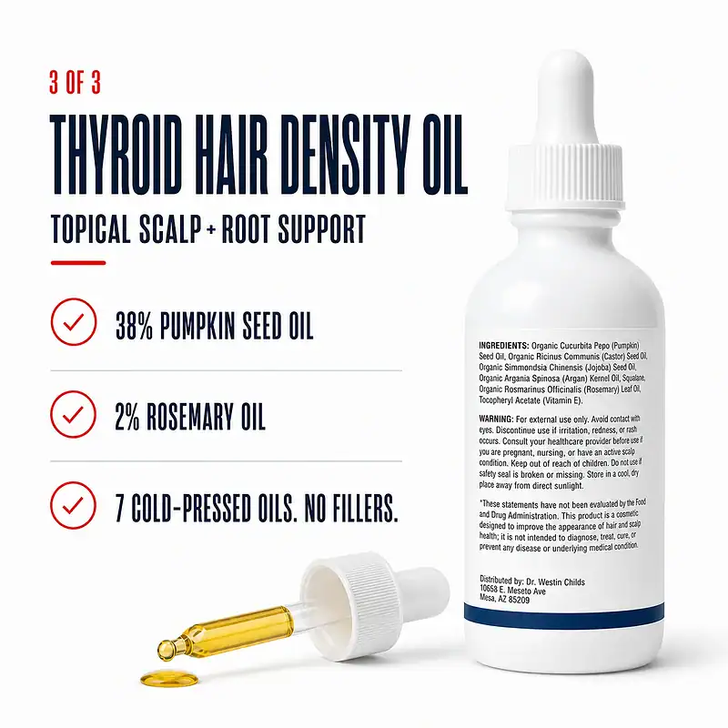 Thyroid Hair Density Oil ingredients panel with 38 percent pumpkin seed oil, 2 percent rosemary oil, and seven cold-pressed oils.