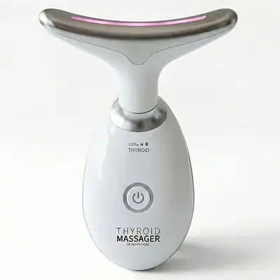 White handheld Thyroid Massager with one THYROID setting and a curved treatment head on a white background.