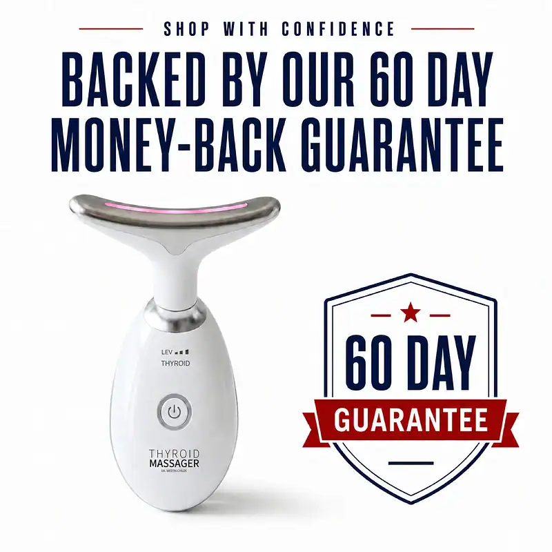 Thyroid Massager device beside a 60-day money-back guarantee badge.
