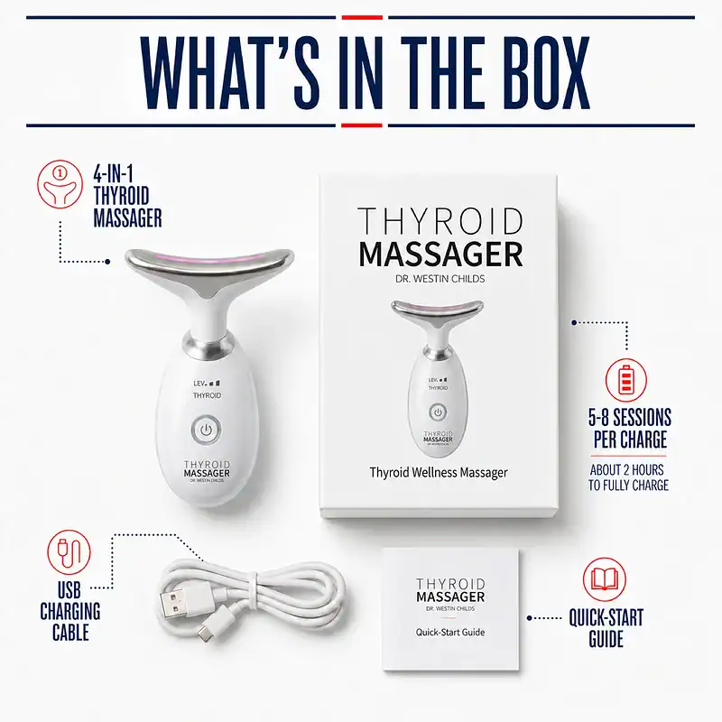 Thyroid Massager, retail box, USB charging cable, and quick-start guide arranged with charging and battery-use callouts.