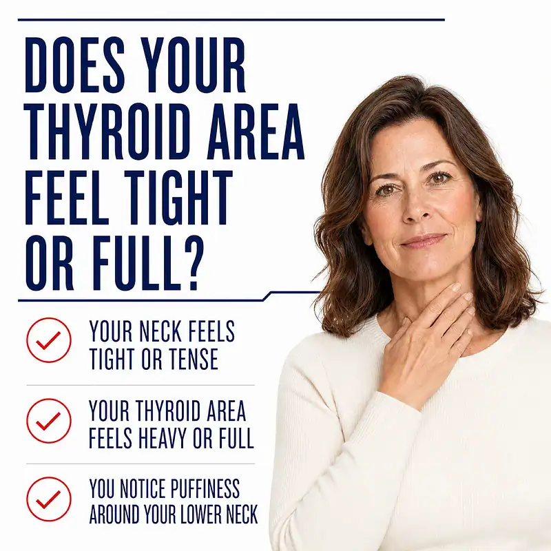 Woman touching her lower neck beside callouts for thyroid-area tightness, heaviness, fullness, and puffiness.