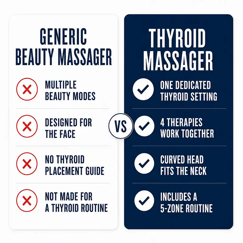 Comparison of a generic beauty massager with the Thyroid Massager's dedicated thyroid setting, four therapies, curved neck head, and five-zone routine.