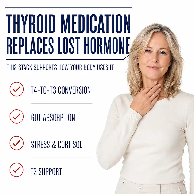 Woman touching her thyroid beside ways the Hypothyroid Energy and Metabolism Support Stack complements thyroid medication