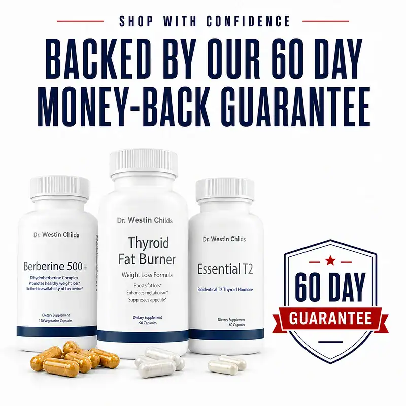 Berberine 500+, Thyroid Fat Burner, and Essential T2 bottles beside a 60-day money-back guarantee badge