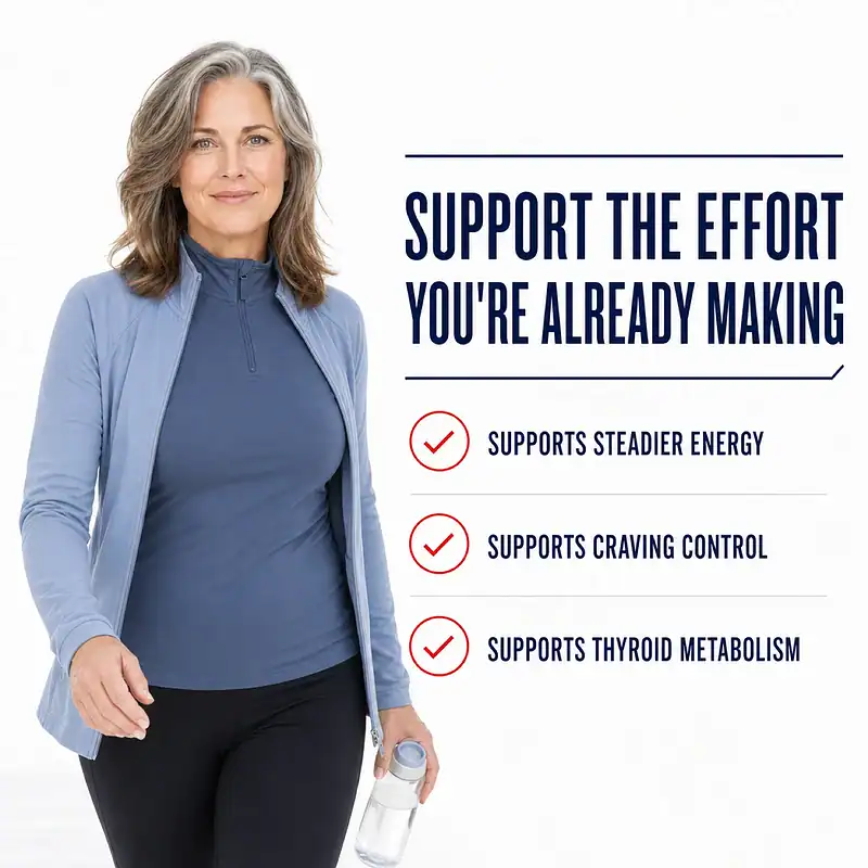Woman starting a walk beside callouts for steadier energy, craving control, and thyroid metabolism support