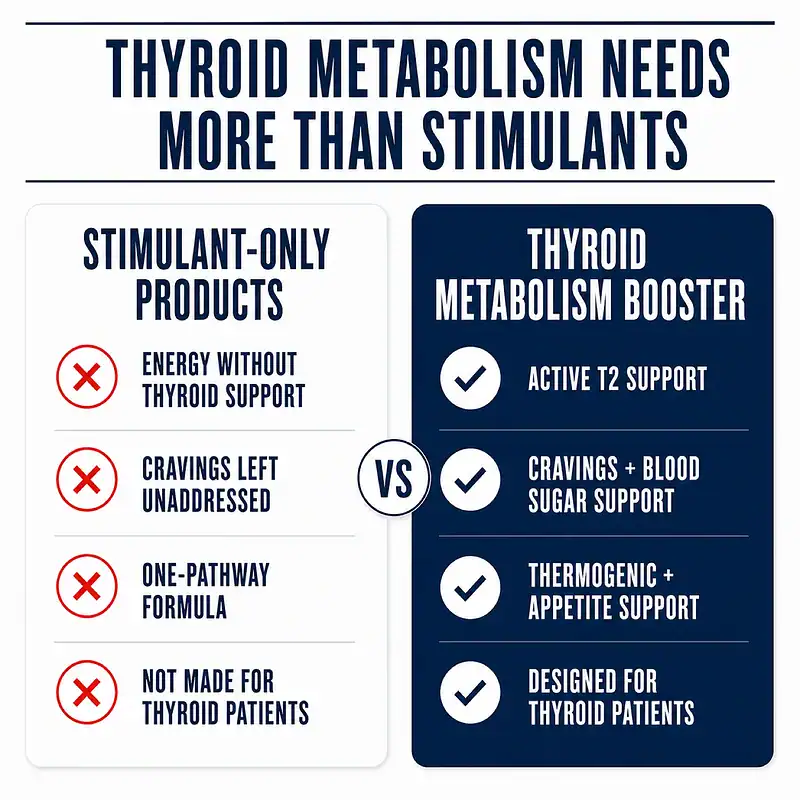 Comparison of stimulant-only metabolism products with the Thyroid Metabolism Booster Bundle for T2, cravings, blood sugar, thermogenic, and appetite support