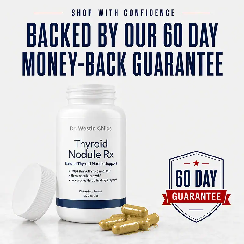 Open Thyroid Nodule Rx bottle with golden capsules and a 60-day money-back guarantee badge.