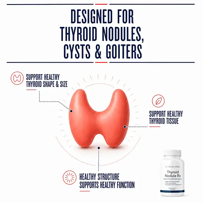Thyroid Nodule Rx bottle beside a thyroid illustration explaining support for healthy thyroid shape, size, tissue, and function.