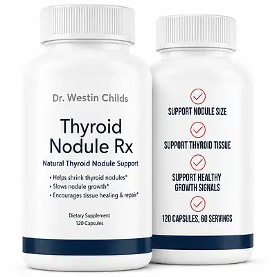 Front and benefit-panel views of Thyroid Nodule Rx capsules for thyroid nodule and thyroid tissue support.