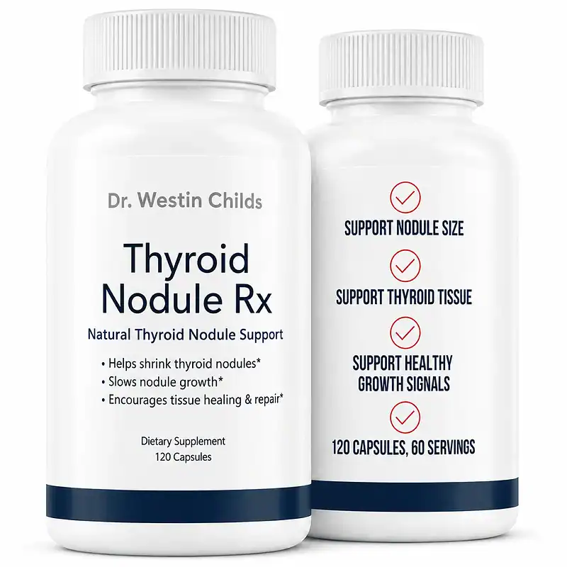 Front and benefit-panel views of Thyroid Nodule Rx capsules for thyroid nodule and thyroid tissue support.