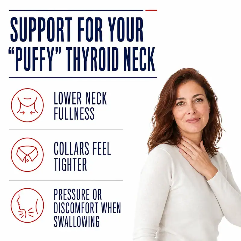 Woman touching her lower neck beside signs of thyroid-related neck fullness, a tighter collar, and discomfort when swallowing.