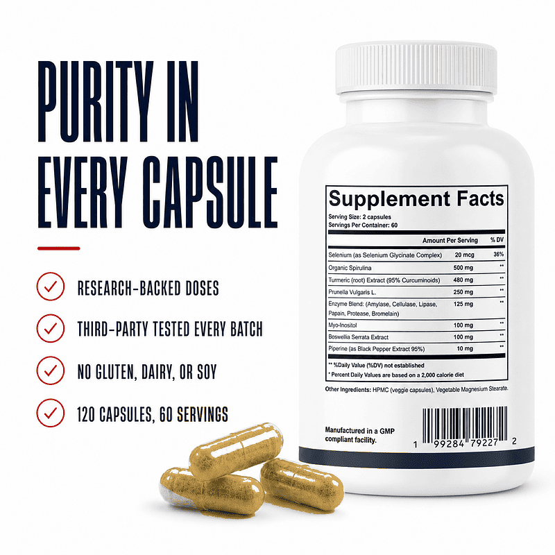 Thyroid Nodule Rx Supplement Facts bottle with research-backed doses, third-party testing, 120 capsules, and no gluten, dairy, or soy.
