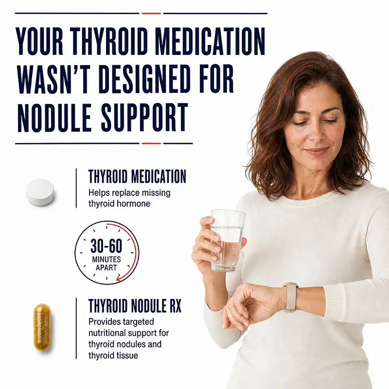 Woman checking her watch beside guidance to take Thyroid Nodule Rx 30 to 60 minutes apart from thyroid medication.
