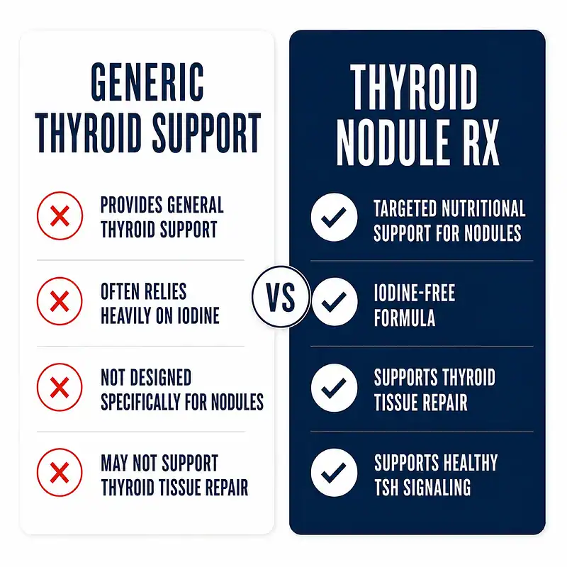 Comparison of generic thyroid supplements with Thyroid Nodule Rx targeted nutritional support for nodules, thyroid tissue, and healthy TSH signaling.