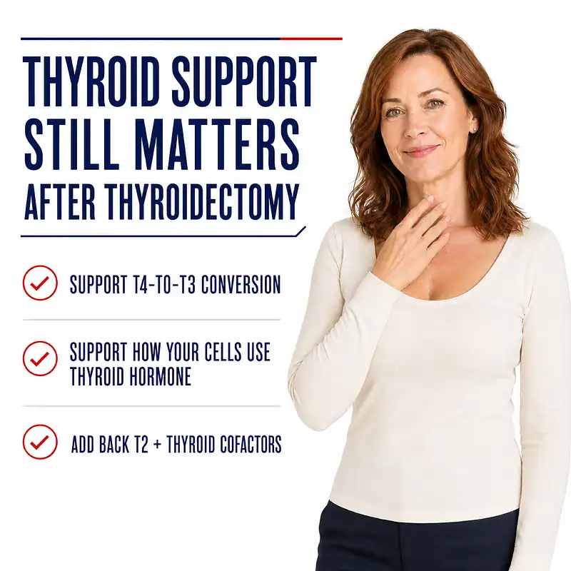 Woman touching her neck beside ways the Thyroidectomy Recovery Support Stack supports T4-to-T3 conversion, thyroid hormone response, and T2 cofactors after thyroidectomy