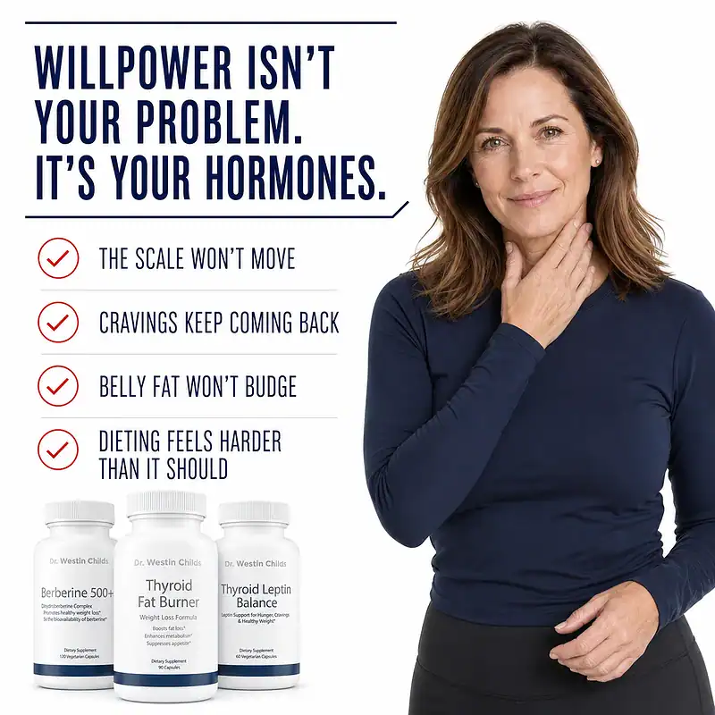 Woman touching her thyroid beside signs that hormones may make weight loss, cravings, and belly fat harder to manage