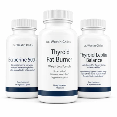 Three bottles in the Thyroid Weight Loss Stack: Berberine 500+, Thyroid Fat Burner, and Thyroid Leptin Balance.