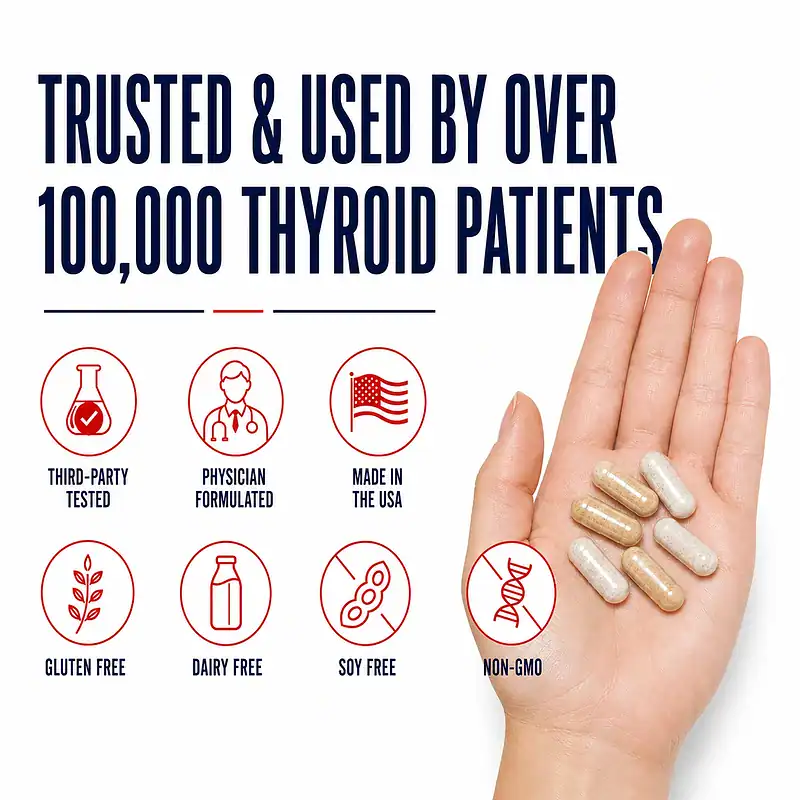 Hand holding assorted supplement capsules beside third-party tested, physician formulated, made in USA, gluten-free, dairy-free, soy-free, and non-GMO badges