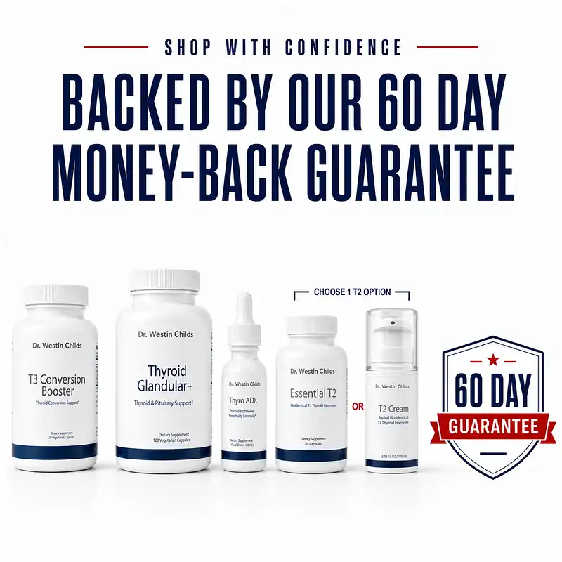 Complete Thyroidectomy Recovery Support Stack with Essential T2 and T2 Cream choices beside a 60-day money-back guarantee badge