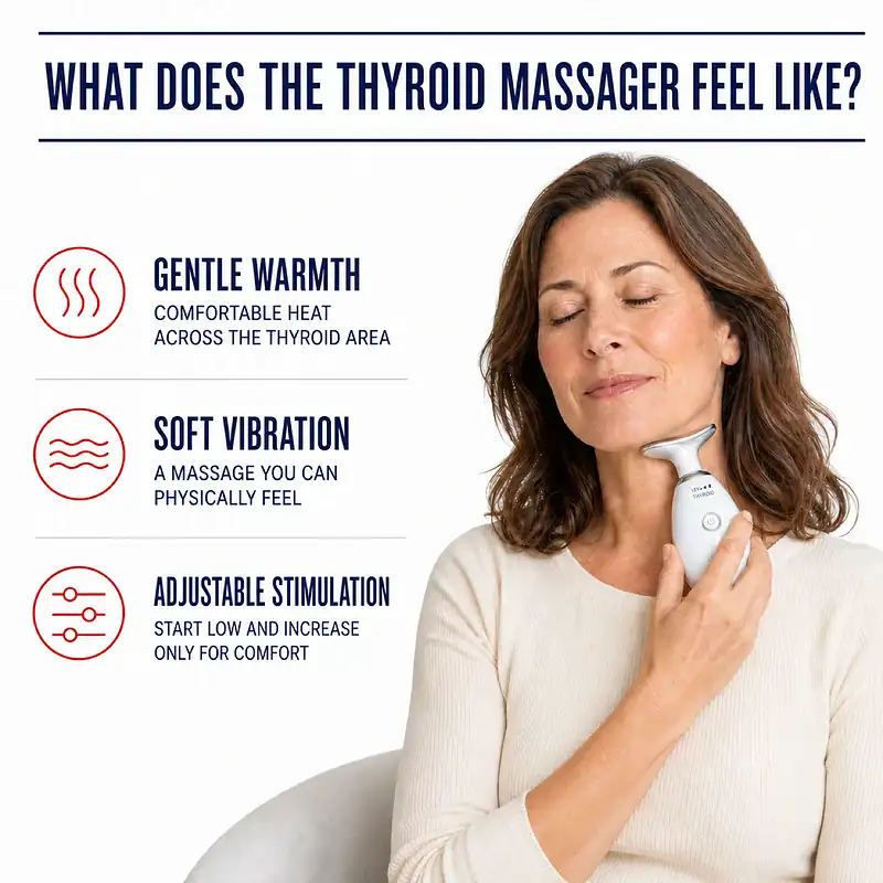 Woman using the Thyroid Massager with callouts for gentle warmth, soft vibration, and adjustable stimulation.