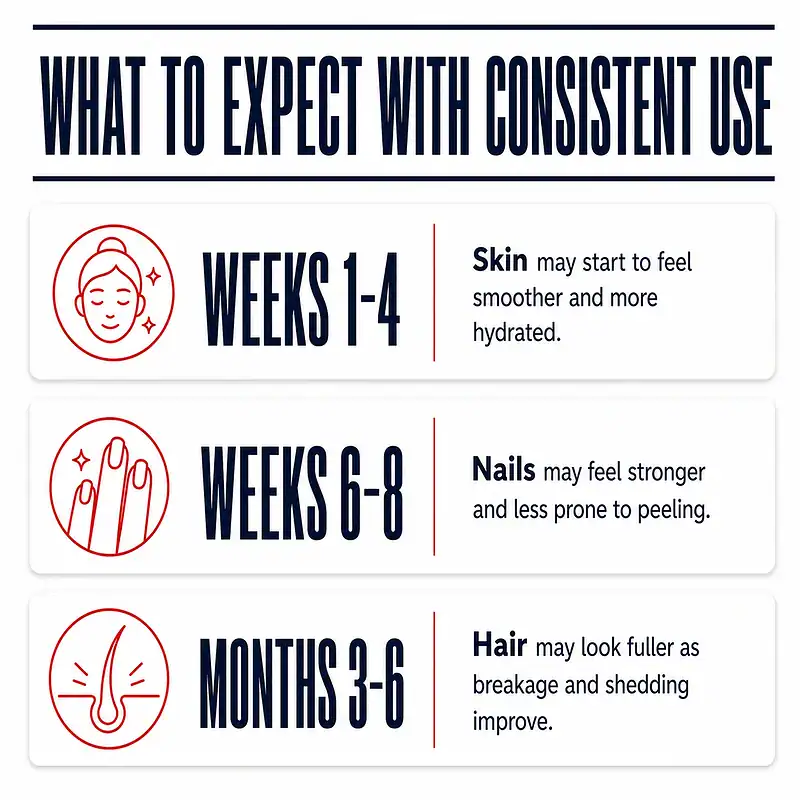 Timeline showing possible skin changes in weeks one to four, nail changes in weeks six to eight, and fuller-looking hair in months three to six.