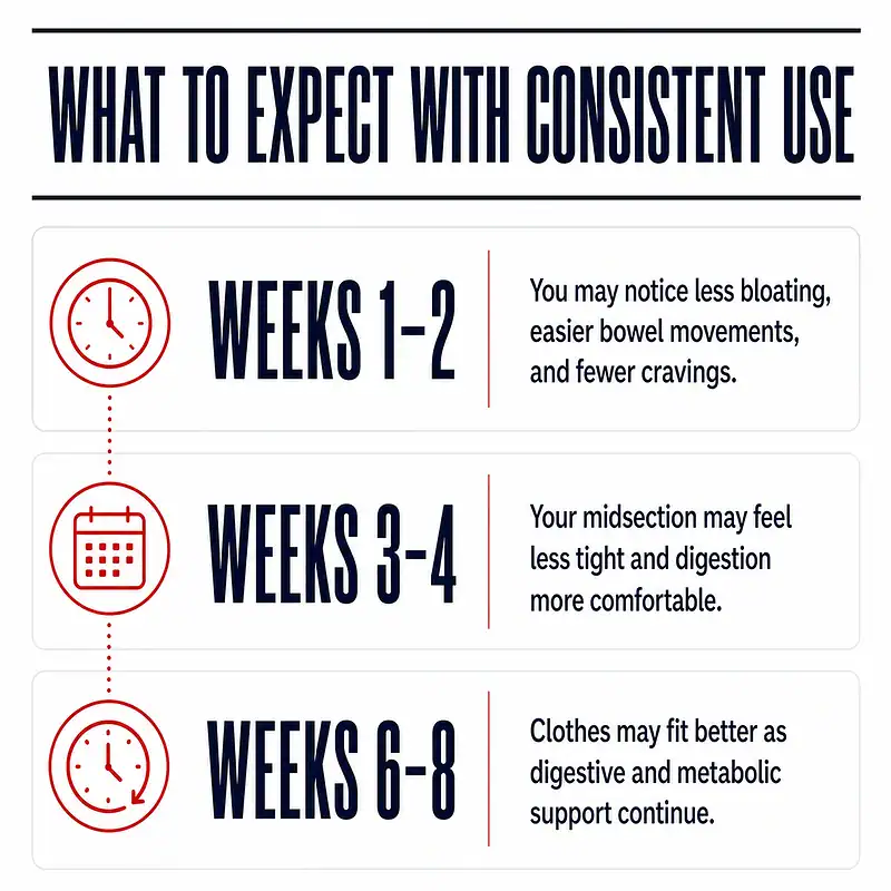 Timeline of possible changes with consistent use of the Thyroid Belly & Bloat Bundle from weeks one through eight.