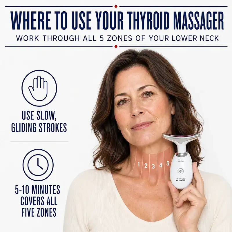 Woman using the Thyroid Massager along five numbered lower-neck treatment zones with slow gliding strokes.