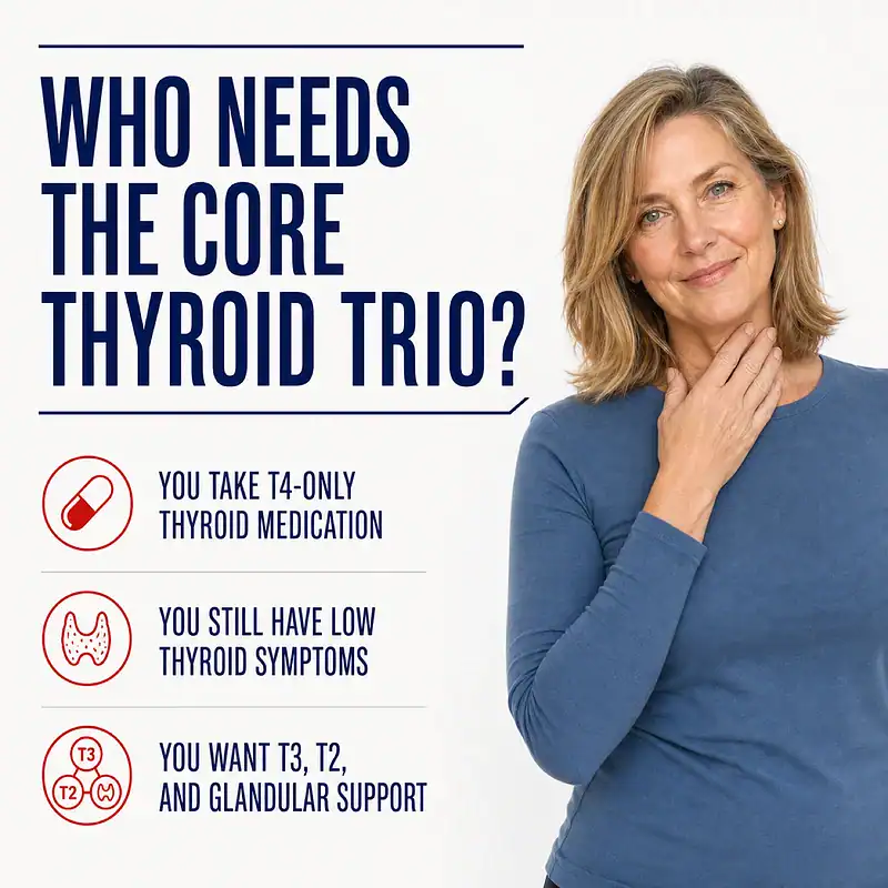 Woman touching her thyroid beside signs the Core Thyroid Trio may fit patients taking T4-only medication with ongoing low thyroid symptoms